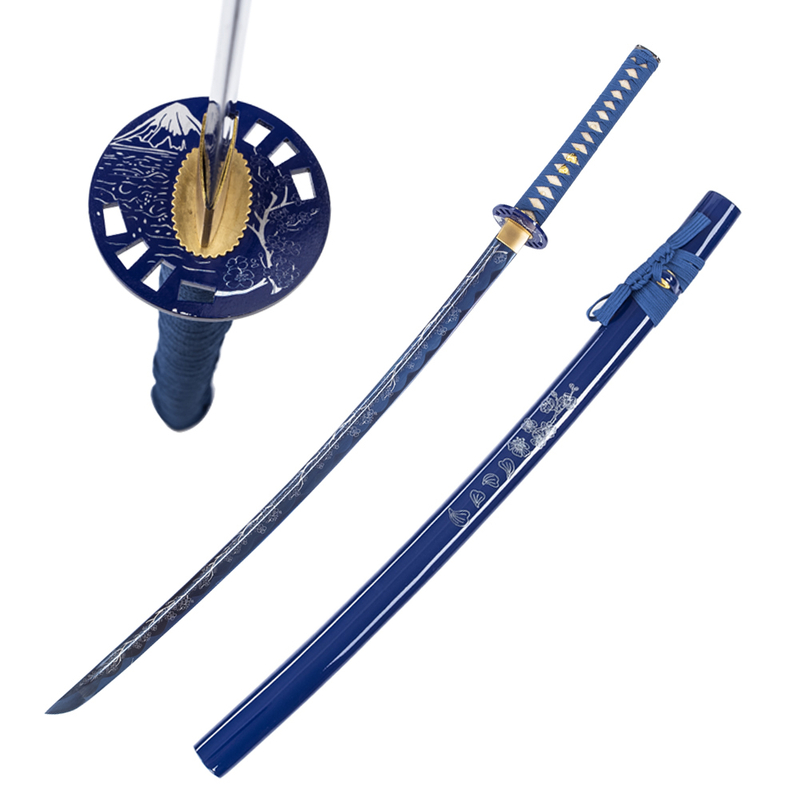 Hand Forged Japanese Samurai Katana Sword 1045 High Carbon Steel Blue Blade Battle Reday With Blue Saya