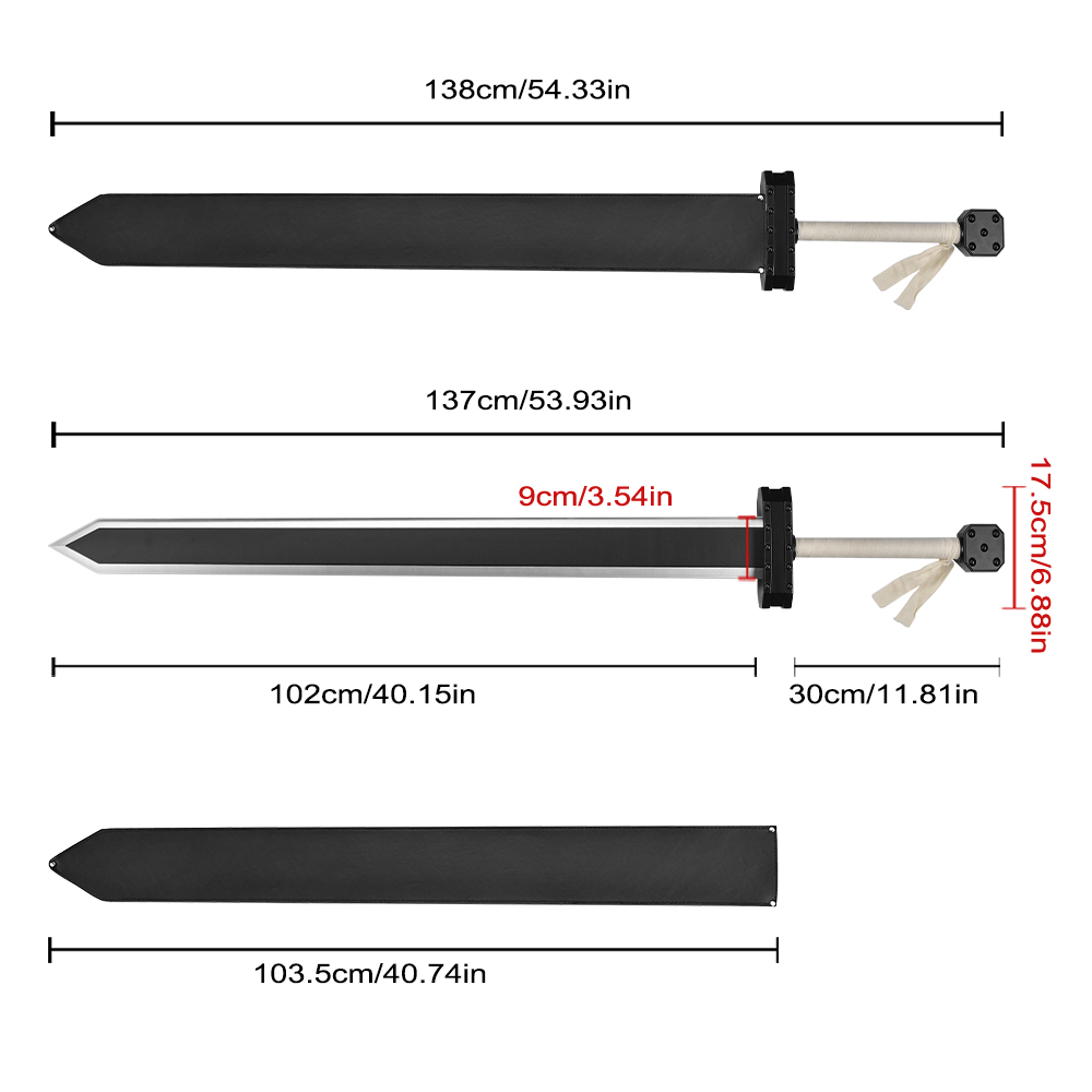 138cm Anime Berserk Decoration Weapon Black Swordsman Guts Great Real Sword Replica with PU Leather Sheath