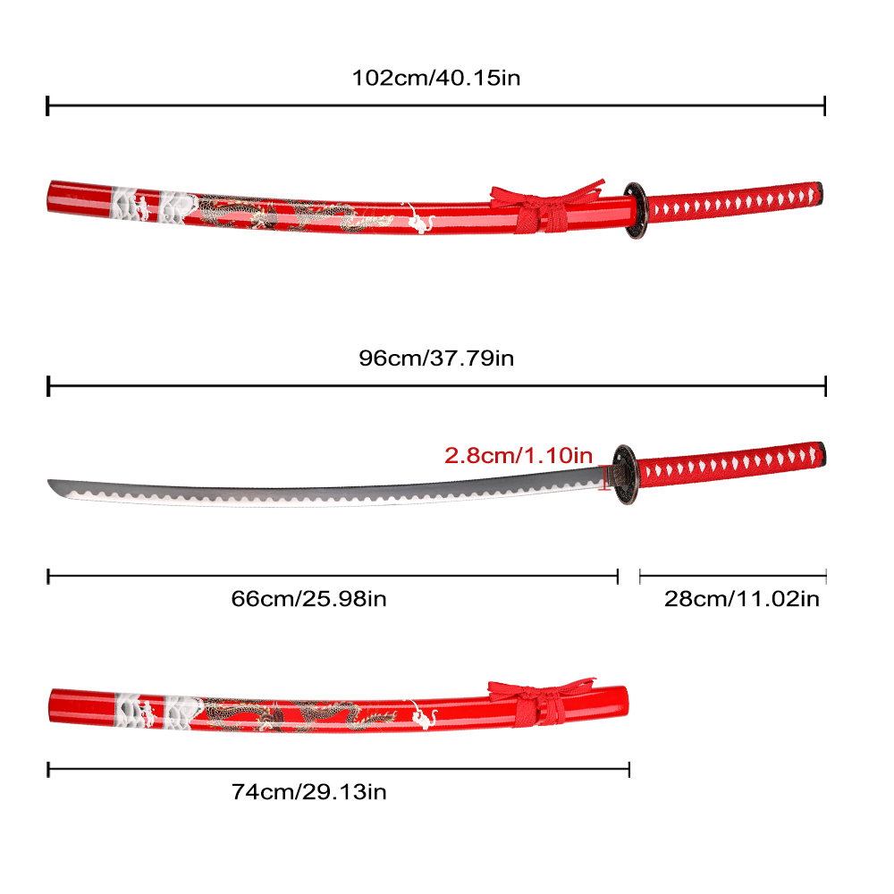 40.15in Japanese Traditional Real Weapon Carbon Steel Blade Dragon Samurai Katana Sword with Red Wooden Saya