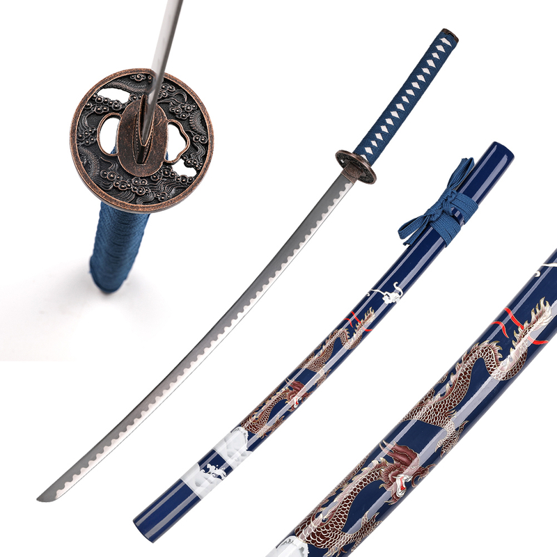 Japanese Carbon Steel Blade Dragon Warrior Samurai Katana Sword with Blue Saya
