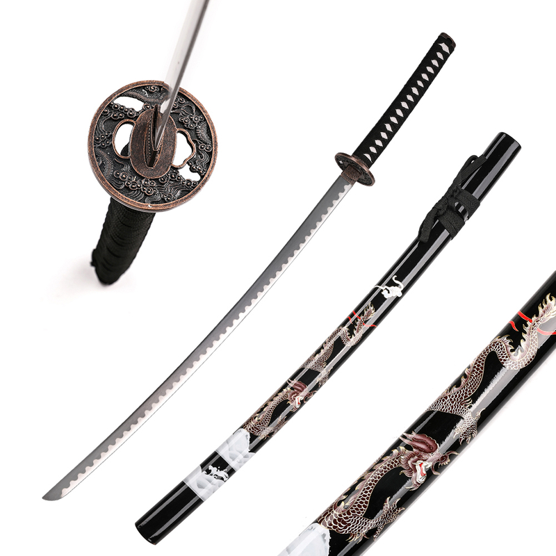 Japanese Samurai Sword Real Black Water Dragon Katana Carbon Steel 