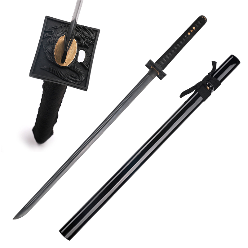 Hand Forged Japanese Ninja Sword Straight Black Blade 1045 Carbon Steel Dragon Tsuba Battle Ready Katana