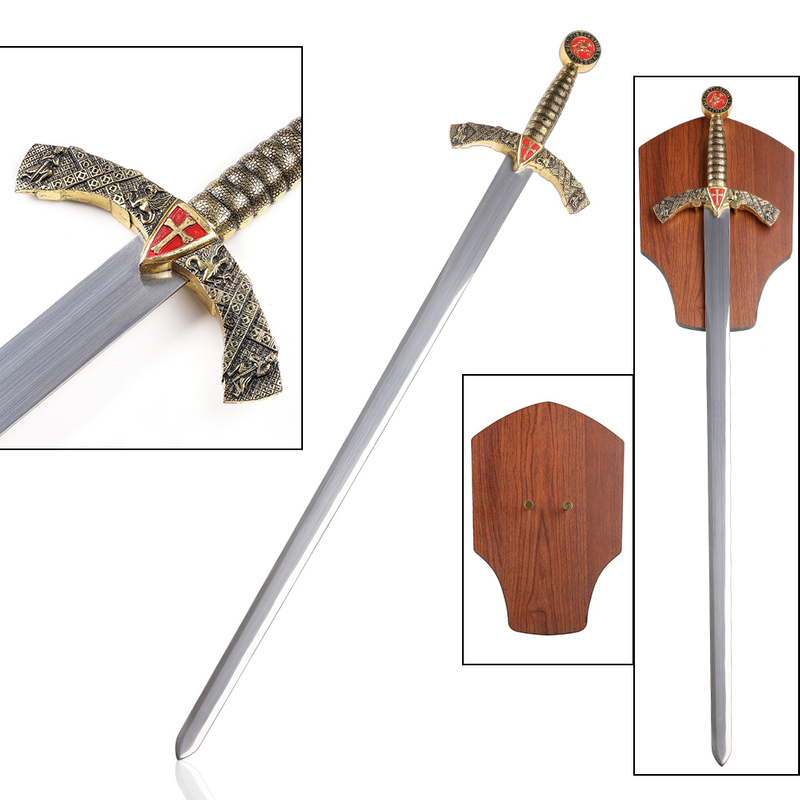 Golden Medieval Weapon Crusader Templar Knight Sword with Display Plaque