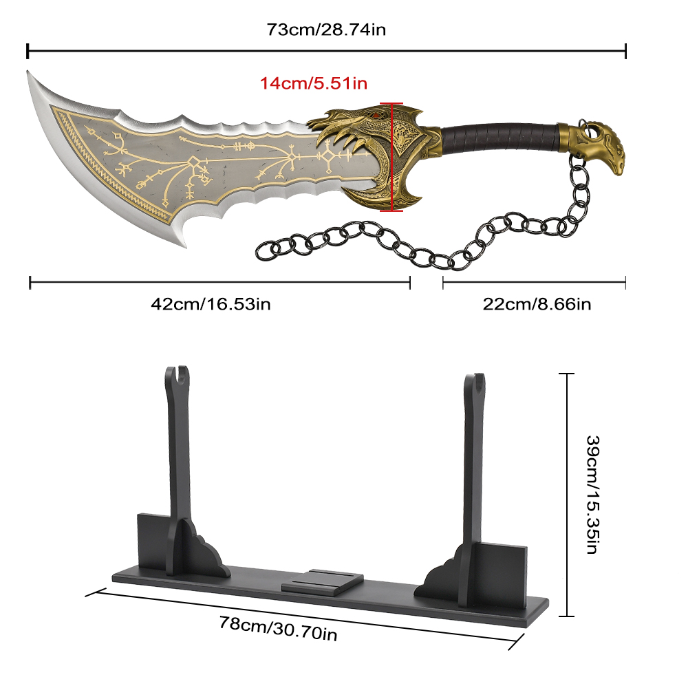 73cm Game GOW God of War Ragnarok Life Size Metal Real Weapon Replica Kratos Blade of Chaos with Wood Display