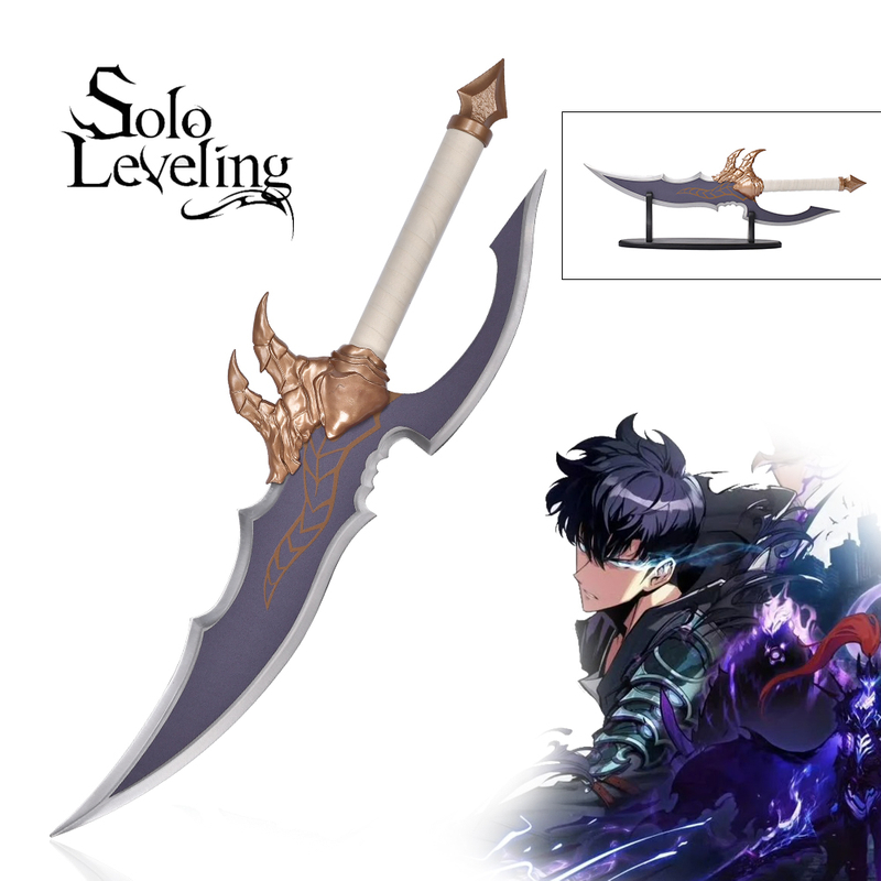 60cm Anime Solo Leveling Sung Jin Woo Weapon Replica Sword Metal 440ss Blade Real Kasaka Venom Fang Dagger with Wood Stand