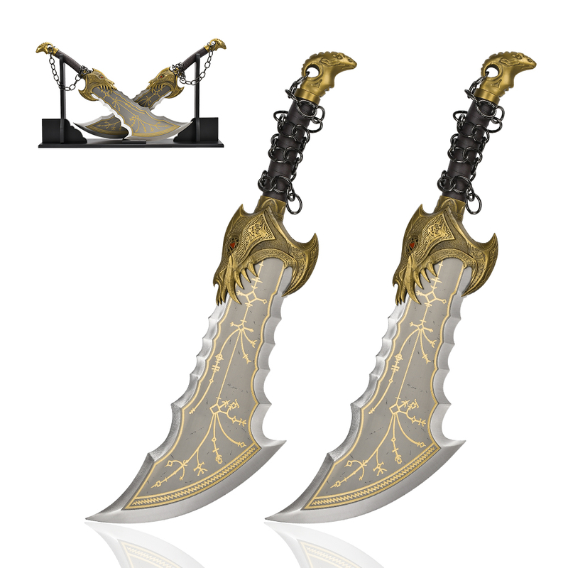 73cm Game GOW God of War Ragnarok Life Size Metal Real Weapon Replica Kratos Blade of Chaos with Wood Display
