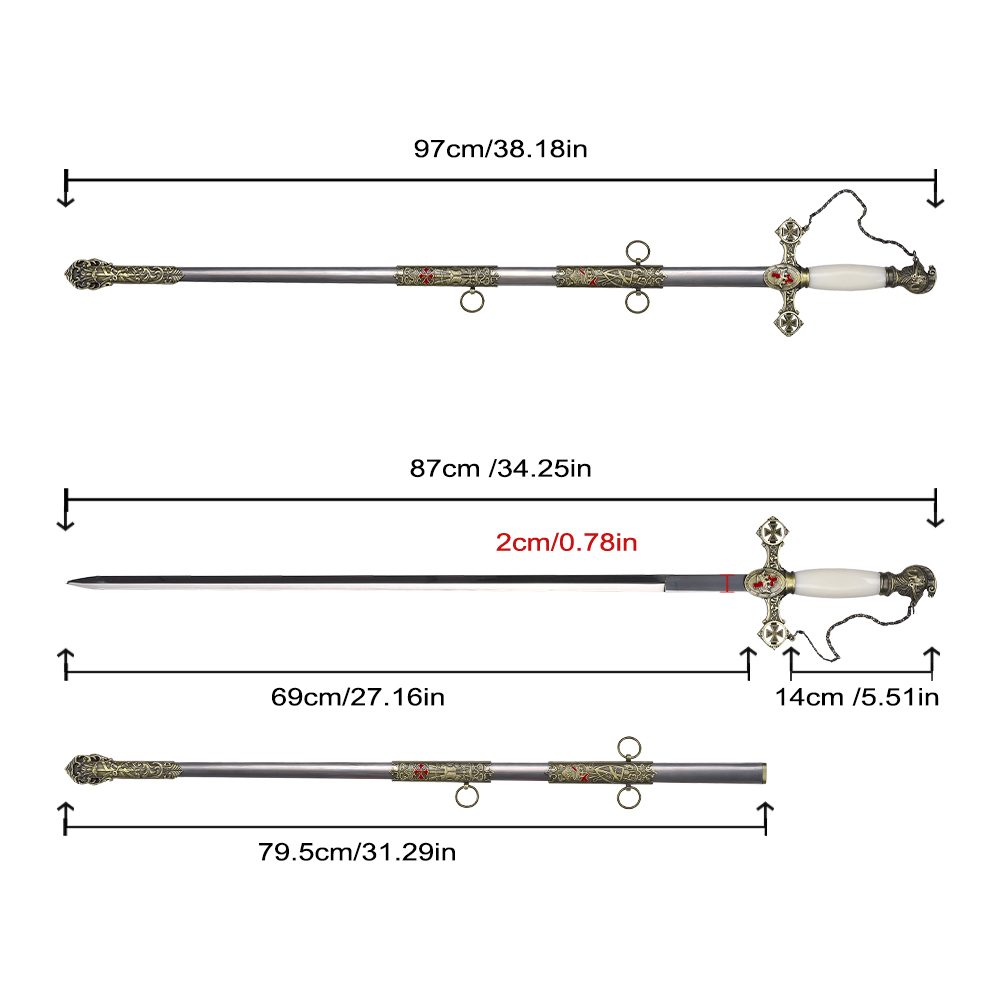 Medieval History 97cm St John Crusader Knights Templar Ceremonial Sword with Stainless Steel Sheath