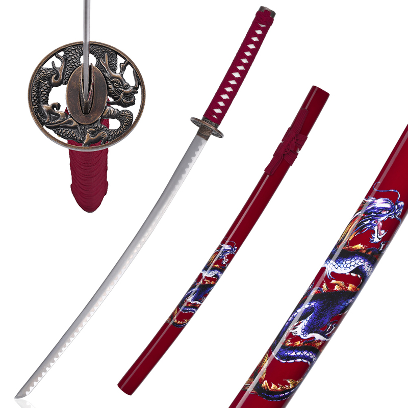 102cm Handmade Japanese Style Red Dragon Real Samurai Sword Carbon Steel Katana Replica with Wood Sheath