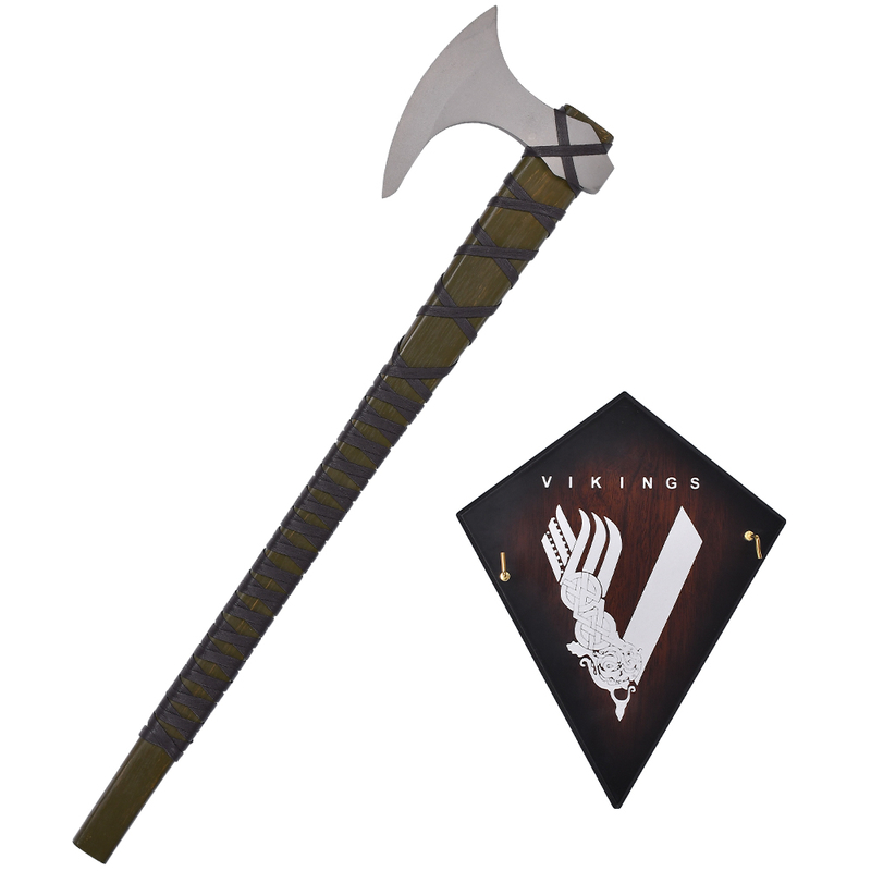 24.6in TV Vikings Ragnar Lothbrok Stainless Steel Axe Head Real Weapon Replica Viking Battle Axe with Wood Handle